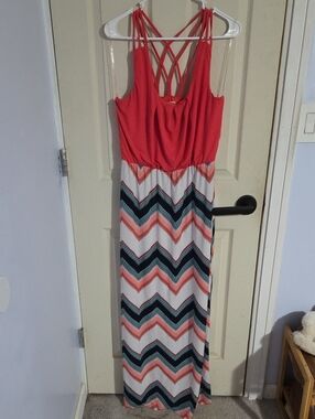 Trixxi Coral and Navy Chevron Maxi Dress with Lattice Back
